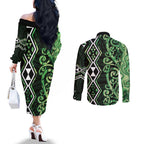 Green Aotearoa Couples Matching Off The Shoulder Long Sleeve Dress and Long Sleeve Button Shirt Taniko Motifs With Paua Shell Kowhaiwhai