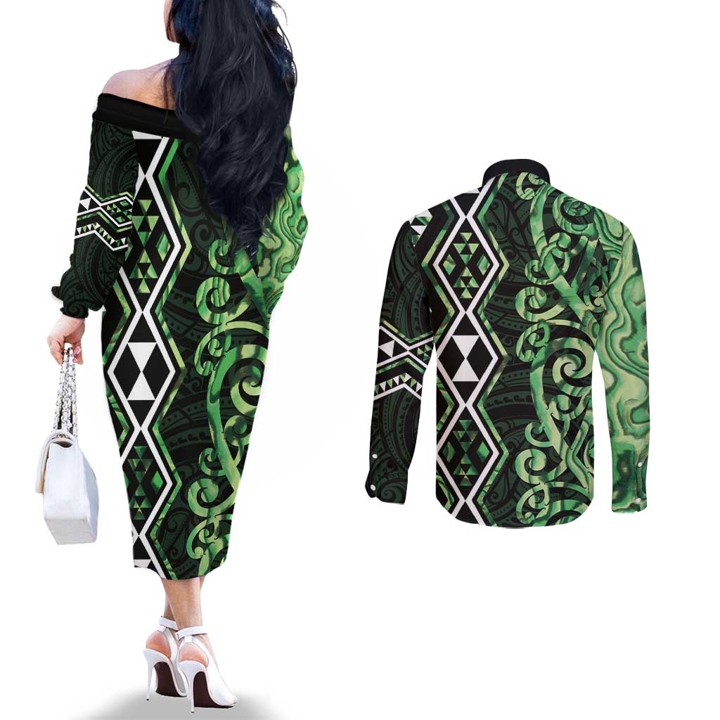 Green Aotearoa Couples Matching Off The Shoulder Long Sleeve Dress and Long Sleeve Button Shirt Taniko Motifs With Paua Shell Kowhaiwhai