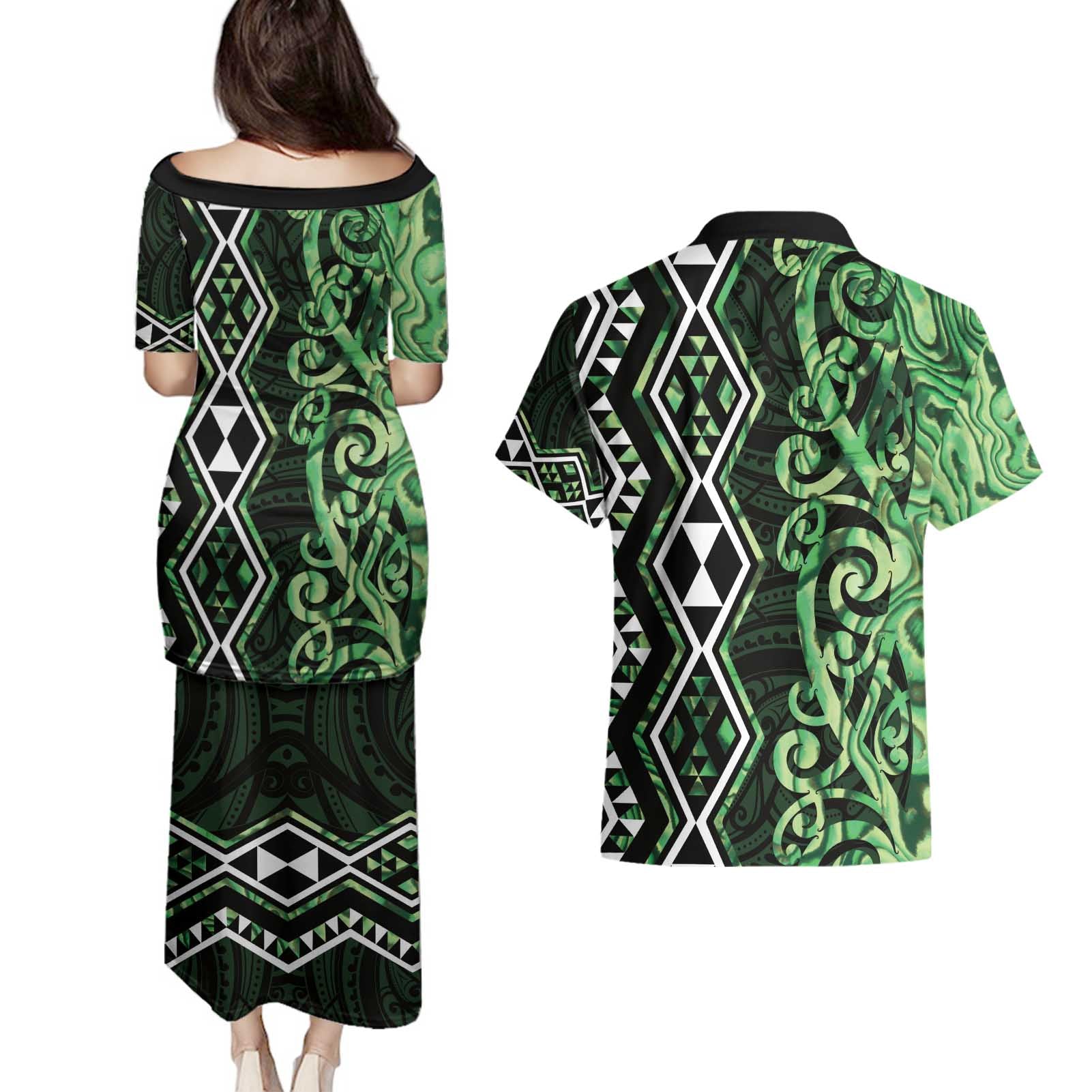 Green Aotearoa Couples Matching Puletasi and Hawaiian Shirt Taniko Motifs With Paua Shell Kowhaiwhai