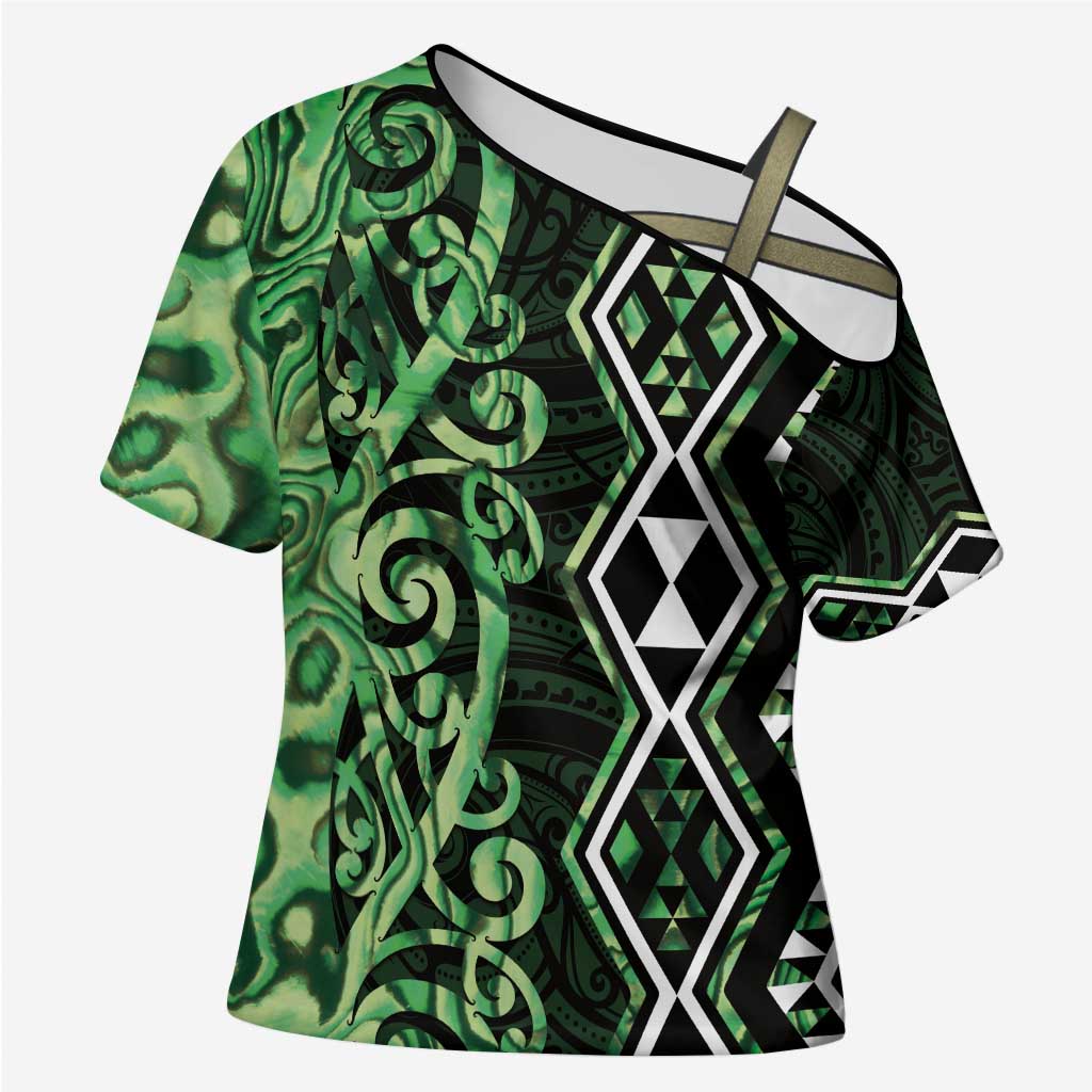 Green Aotearoa Cross Shoulder Shirt Taniko Motifs With Paua Shell Kowhaiwhai - Aussie Hoodie