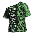 Green Aotearoa Cross Shoulder Shirt Taniko Motifs With Paua Shell Kowhaiwhai - Aussie Hoodie