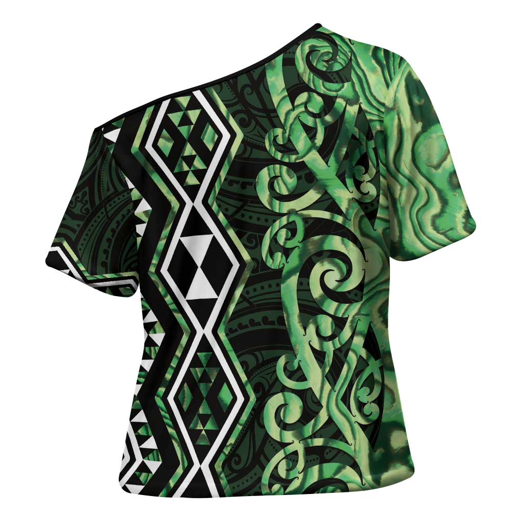 Green Aotearoa Cross Shoulder Shirt Taniko Motifs With Paua Shell Kowhaiwhai - Aussie Hoodie