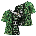 Green Aotearoa Cross Shoulder Shirt Taniko Motifs With Paua Shell Kowhaiwhai - Aussie Hoodie