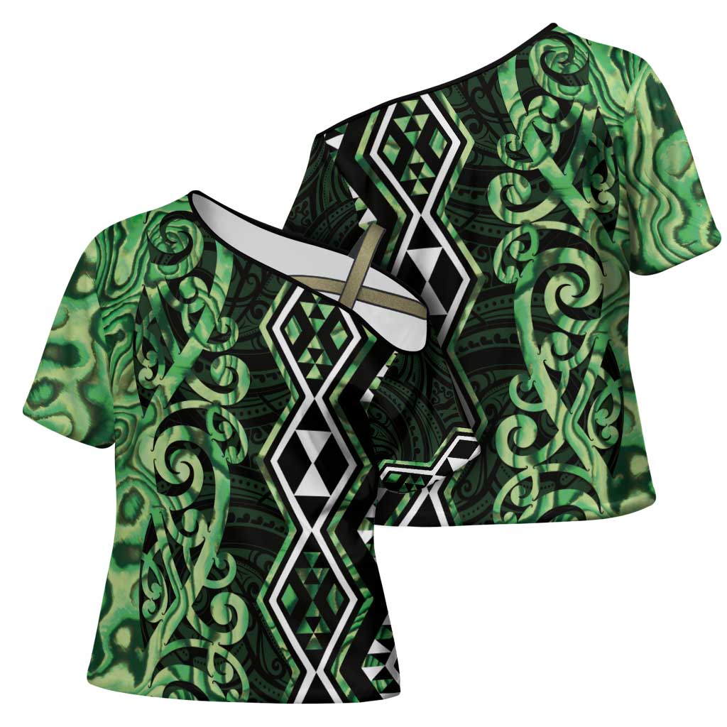 Green Aotearoa Cross Shoulder Shirt Taniko Motifs With Paua Shell Kowhaiwhai - Aussie Hoodie