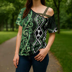 Green Aotearoa Cross Shoulder Shirt Taniko Motifs With Paua Shell Kowhaiwhai - Aussie Hoodie
