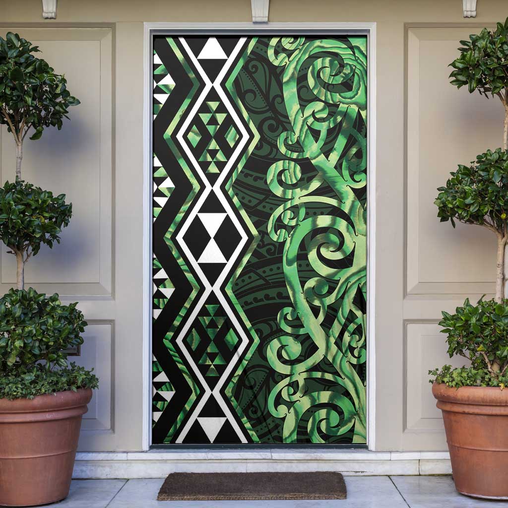 Green Aotearoa Door Cover Taniko Motifs With Paua Shell Kowhaiwhai - Aussie Hoodie