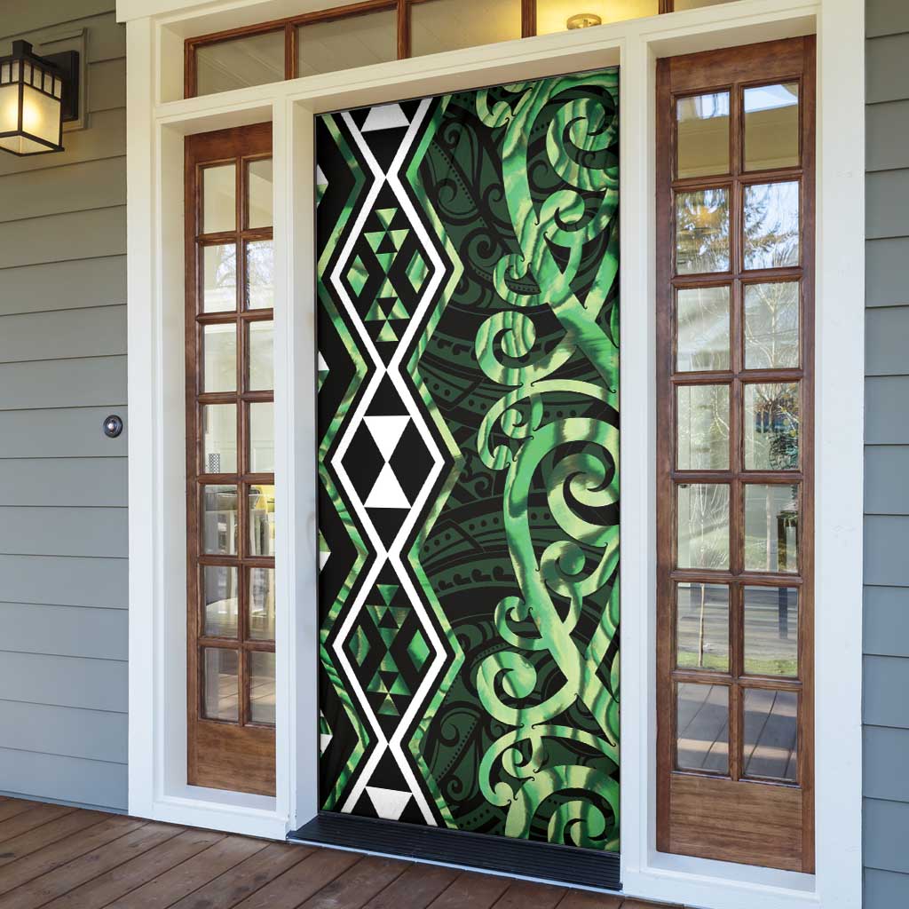 Green Aotearoa Door Cover Taniko Motifs With Paua Shell Kowhaiwhai - Aussie Hoodie