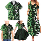 Green Aotearoa Family Matching Summer Maxi Dress and Hawaiian Shirt Taniko Motifs With Paua Shell Kowhaiwhai