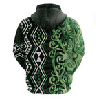 Green Aotearoa Hoodie Taniko Motifs With Paua Shell Kowhaiwhai