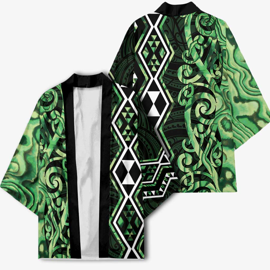 Green Aotearoa Kimono Taniko Motifs With Paua Shell Kowhaiwhai - Aussie Hoodie