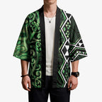 Green Aotearoa Kimono Taniko Motifs With Paua Shell Kowhaiwhai - Aussie Hoodie