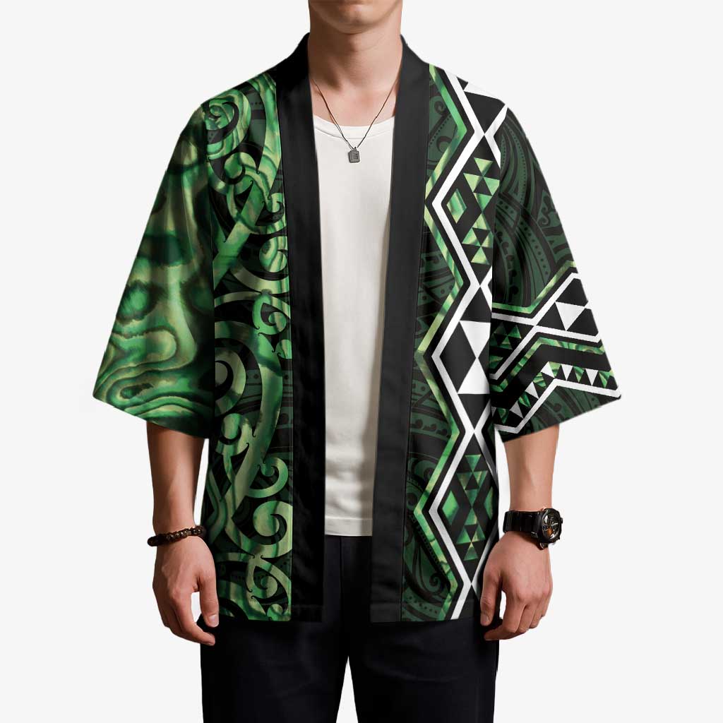 Green Aotearoa Kimono Taniko Motifs With Paua Shell Kowhaiwhai - Aussie Hoodie