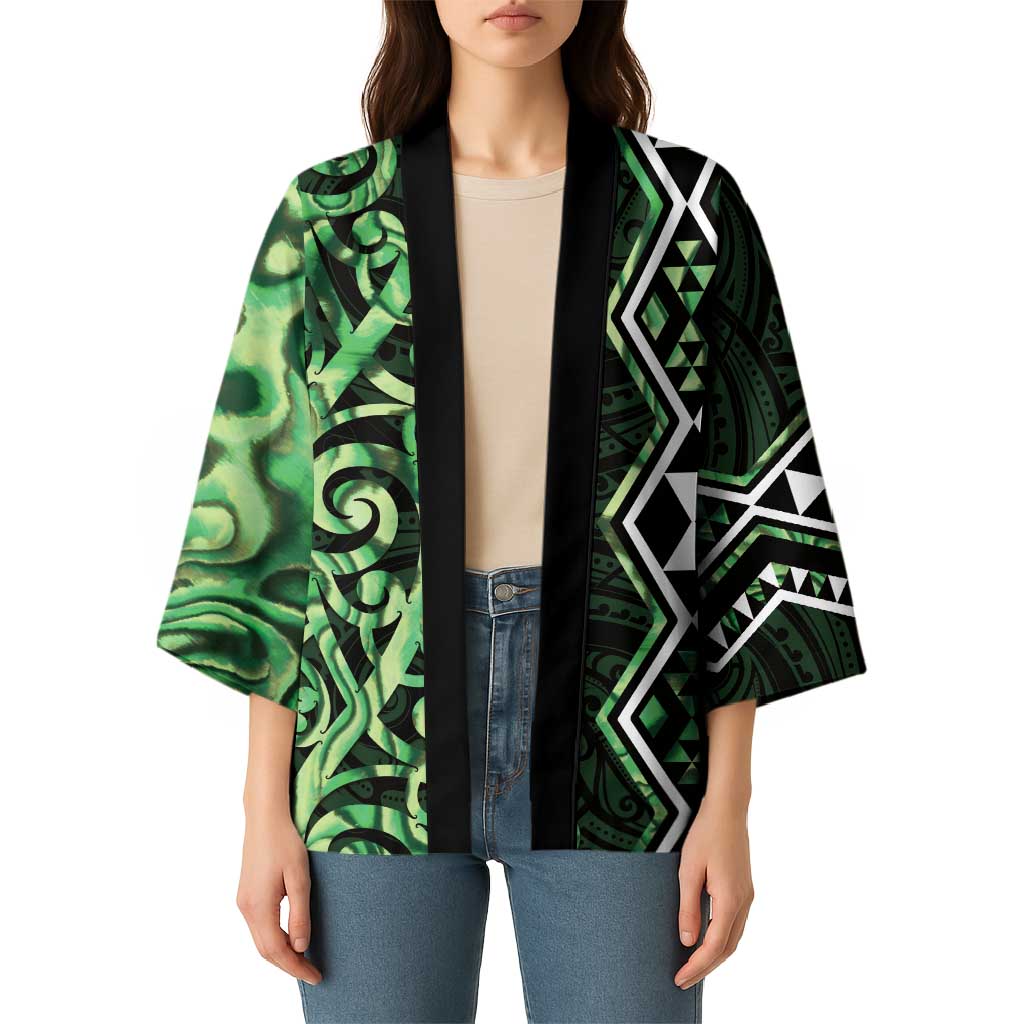 Green Aotearoa Kimono Taniko Motifs With Paua Shell Kowhaiwhai - Aussie Hoodie