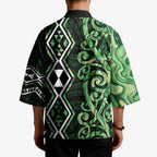 Green Aotearoa Kimono Taniko Motifs With Paua Shell Kowhaiwhai - Aussie Hoodie