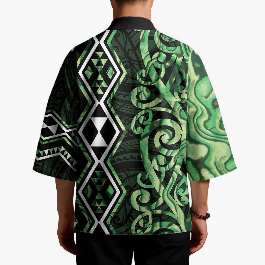 Green Aotearoa Kimono Taniko Motifs With Paua Shell Kowhaiwhai - Aussie Hoodie