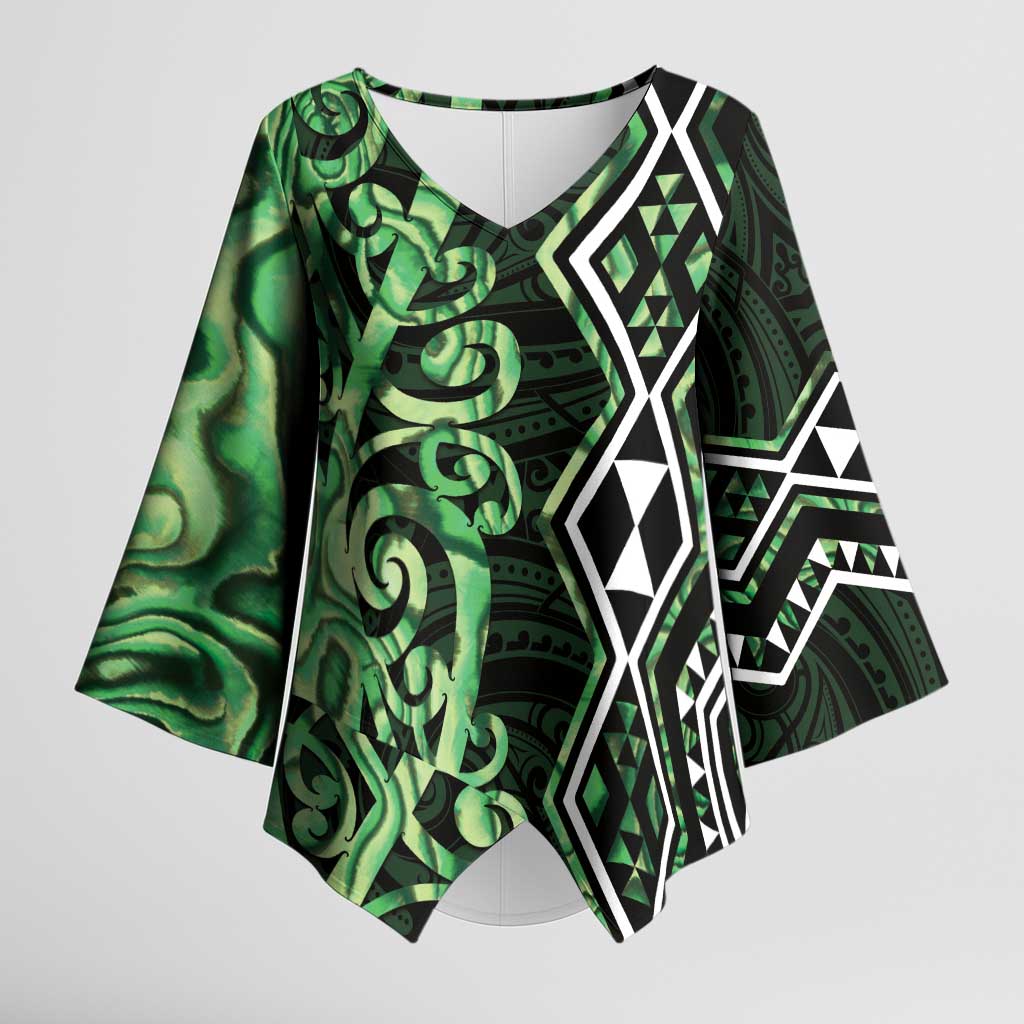 Green Aotearoa Kimono Sleeve Blouse Taniko Motifs With Paua Shell Kowhaiwhai - Aussie Hoodie
