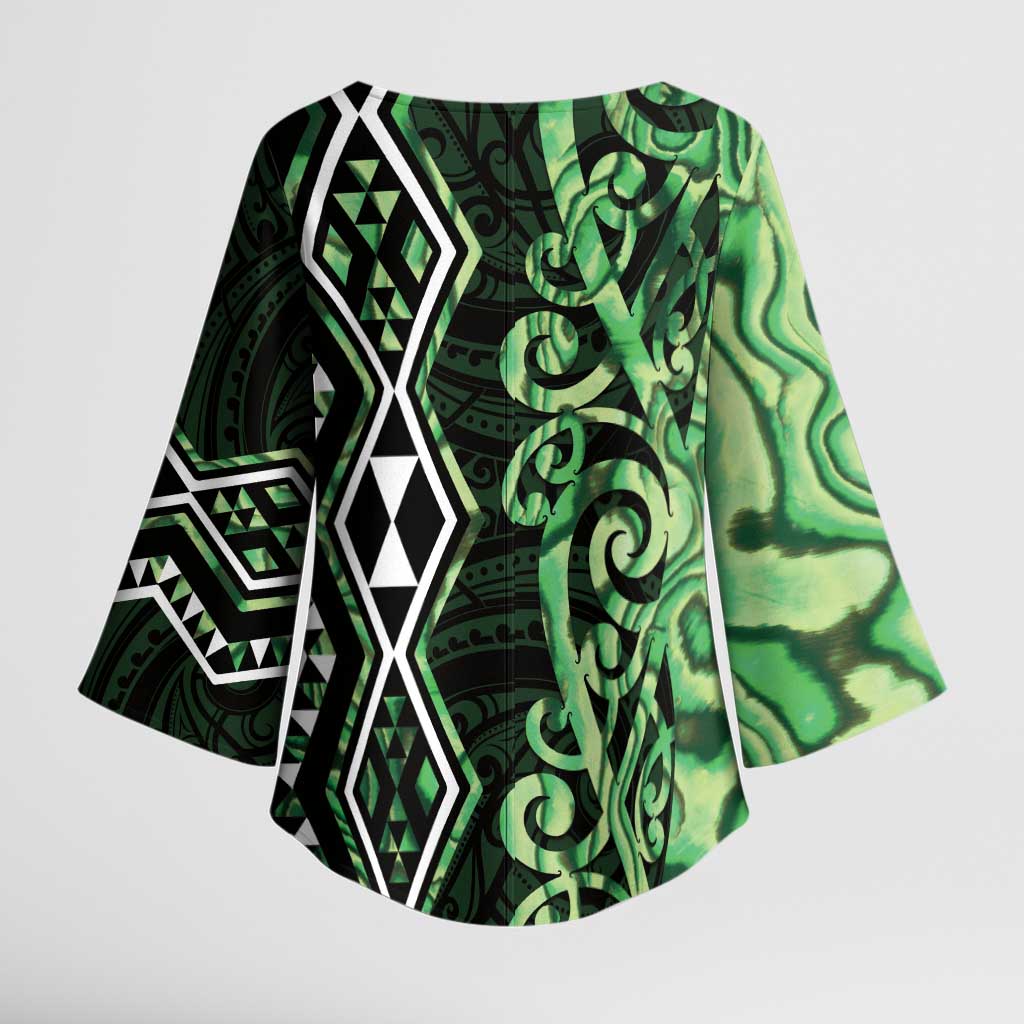 Green Aotearoa Kimono Sleeve Blouse Taniko Motifs With Paua Shell Kowhaiwhai - Aussie Hoodie