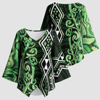 Green Aotearoa Kimono Sleeve Blouse Taniko Motifs With Paua Shell Kowhaiwhai - Aussie Hoodie