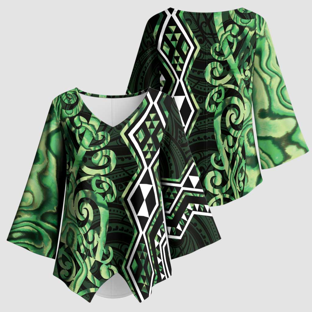 Green Aotearoa Kimono Sleeve Blouse Taniko Motifs With Paua Shell Kowhaiwhai - Aussie Hoodie