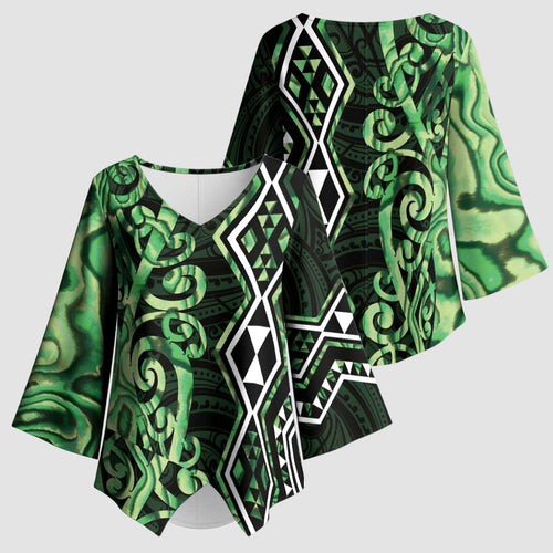 Green Aotearoa Kimono Sleeve Blouse Taniko Motifs With Paua Shell Kowhaiwhai - Aussie Hoodie