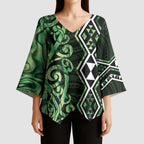 Green Aotearoa Kimono Sleeve Blouse Taniko Motifs With Paua Shell Kowhaiwhai - Aussie Hoodie