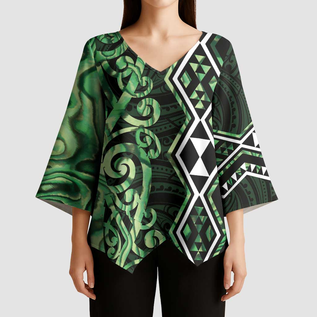 Green Aotearoa Kimono Sleeve Blouse Taniko Motifs With Paua Shell Kowhaiwhai - Aussie Hoodie