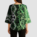 Green Aotearoa Kimono Sleeve Blouse Taniko Motifs With Paua Shell Kowhaiwhai - Aussie Hoodie