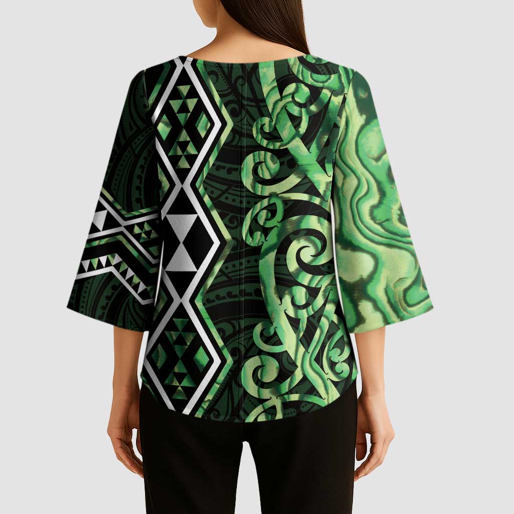 Green Aotearoa Kimono Sleeve Blouse Taniko Motifs With Paua Shell Kowhaiwhai - Aussie Hoodie