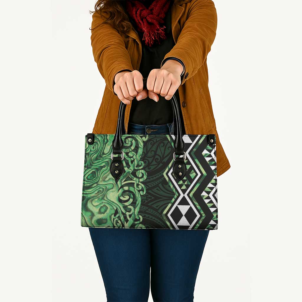 Green Aotearoa Leather Bag Taniko Motifs With Paua Shell Kowhaiwhai - Aussie Hoodie