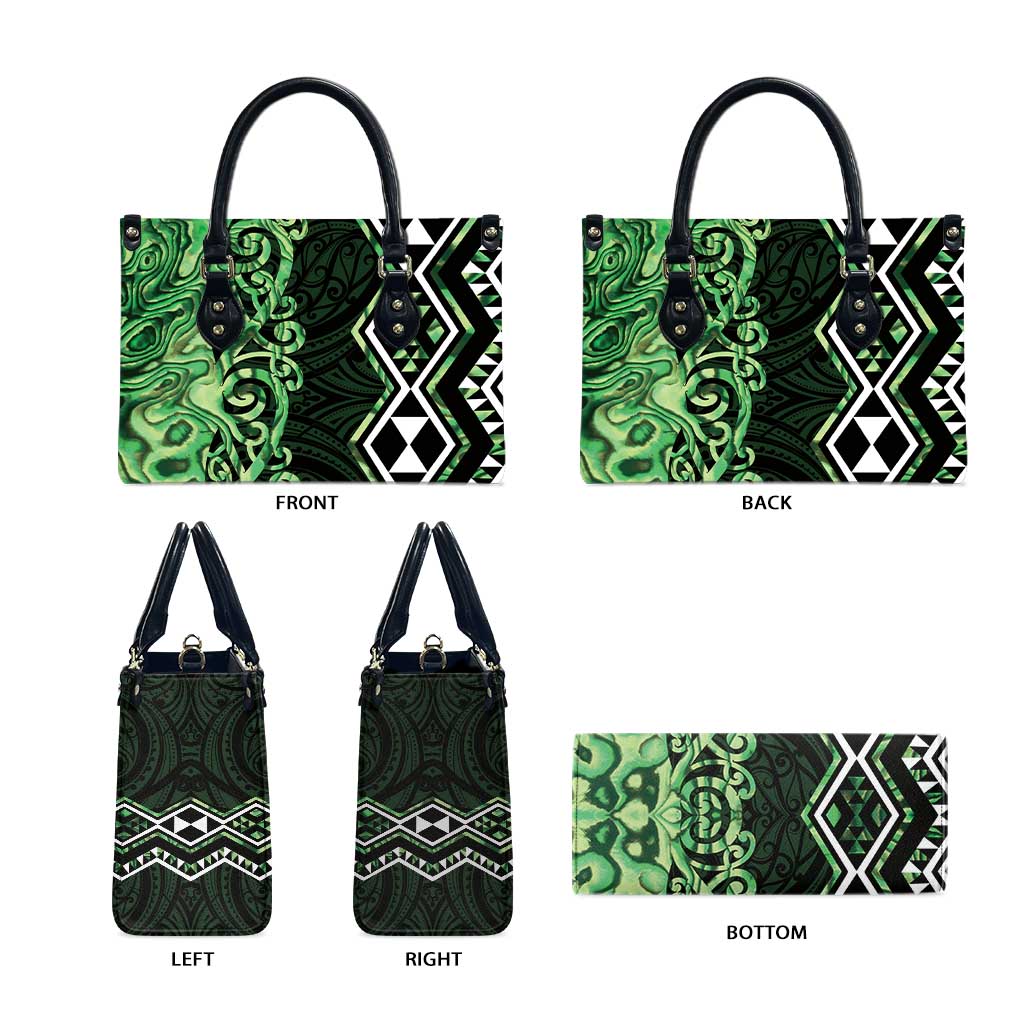 Green Aotearoa Leather Bag Taniko Motifs With Paua Shell Kowhaiwhai - Aussie Hoodie