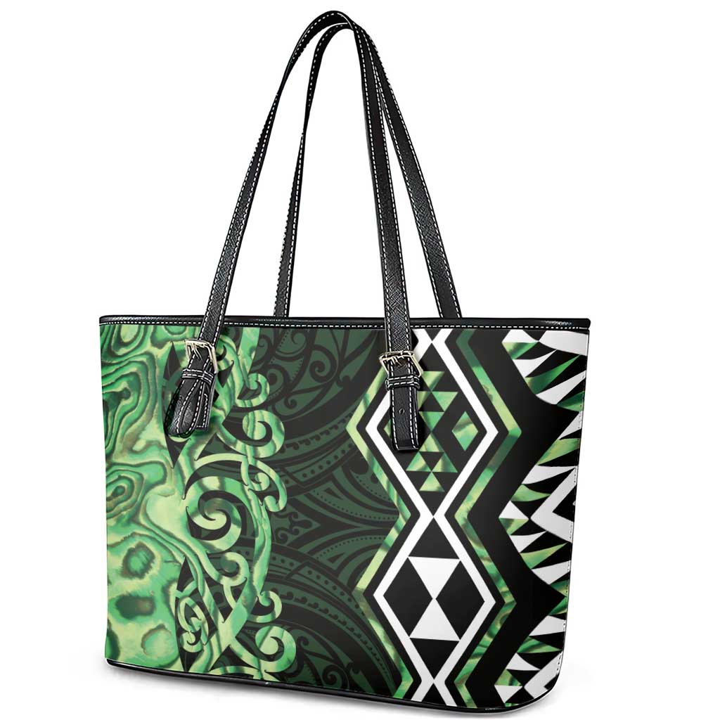 Green Aotearoa Leather Tote Bag Taniko Motifs With Paua Shell Kowhaiwhai
