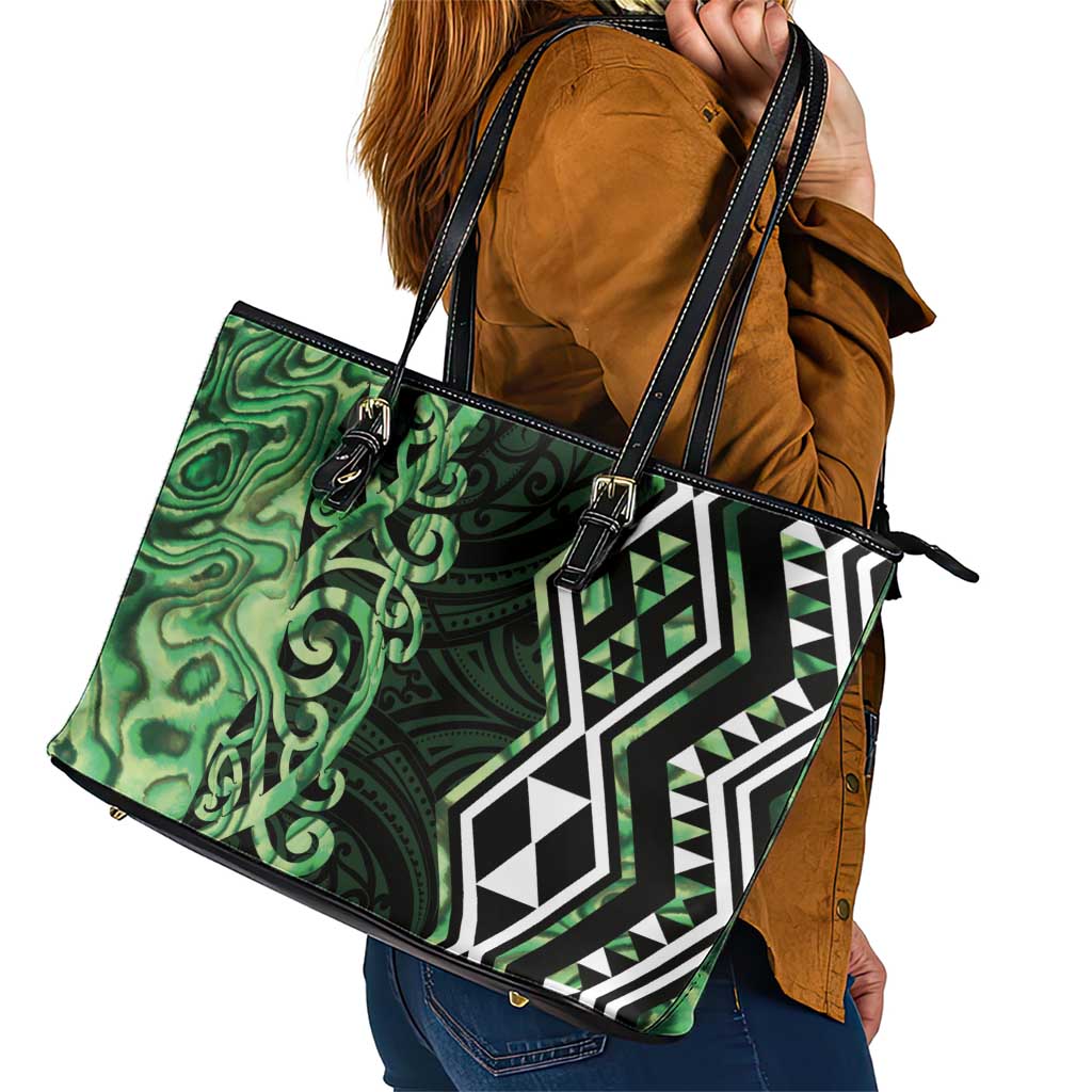 Green Aotearoa Leather Tote Bag Taniko Motifs With Paua Shell Kowhaiwhai