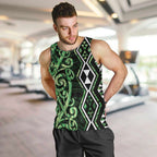 Green Aotearoa Men Tank Top Taniko Motifs With Paua Shell Kowhaiwhai