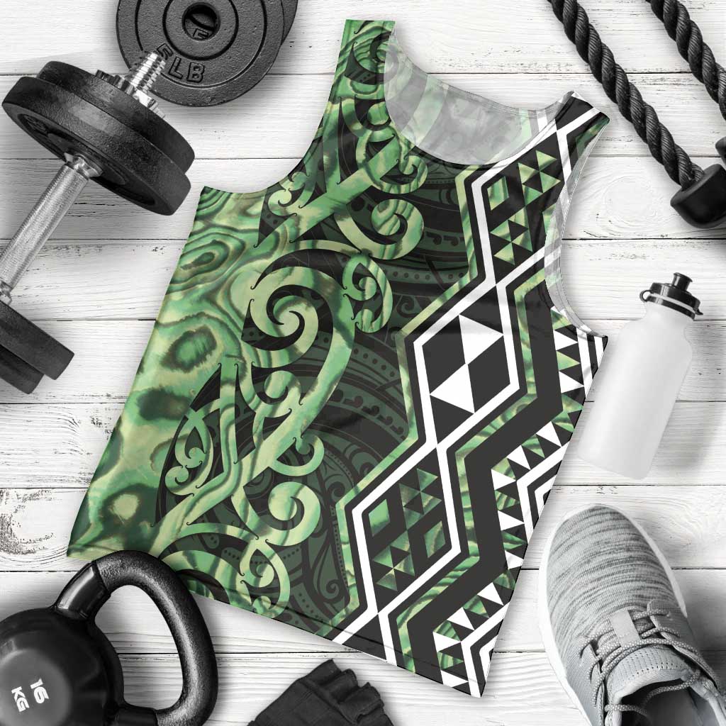 Green Aotearoa Men Tank Top Taniko Motifs With Paua Shell Kowhaiwhai