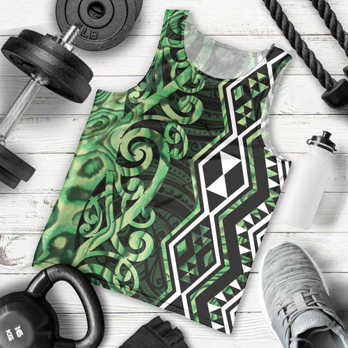 Green Aotearoa Men Tank Top Taniko Motifs With Paua Shell Kowhaiwhai