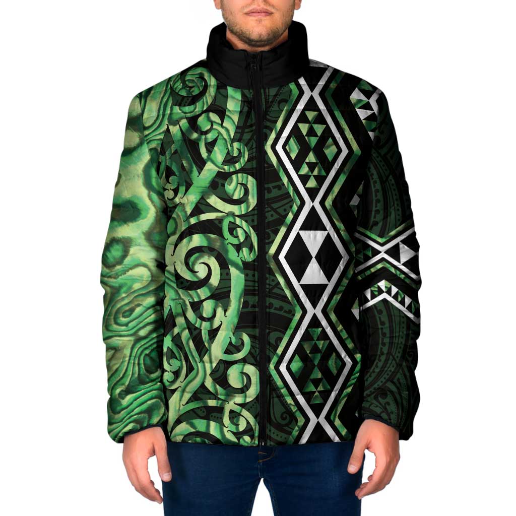 Green Aotearoa Padded Jacket Taniko Motifs With Paua Shell Kowhaiwhai - Aussie Hoodie
