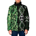 Green Aotearoa Padded Jacket Taniko Motifs With Paua Shell Kowhaiwhai - Aussie Hoodie