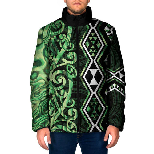 Green Aotearoa Padded Jacket Taniko Motifs With Paua Shell Kowhaiwhai - Aussie Hoodie