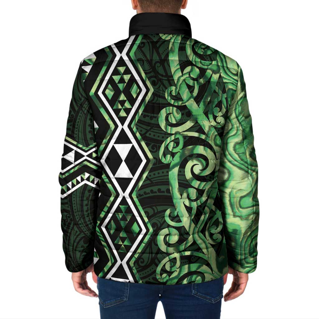 Green Aotearoa Padded Jacket Taniko Motifs With Paua Shell Kowhaiwhai - Aussie Hoodie