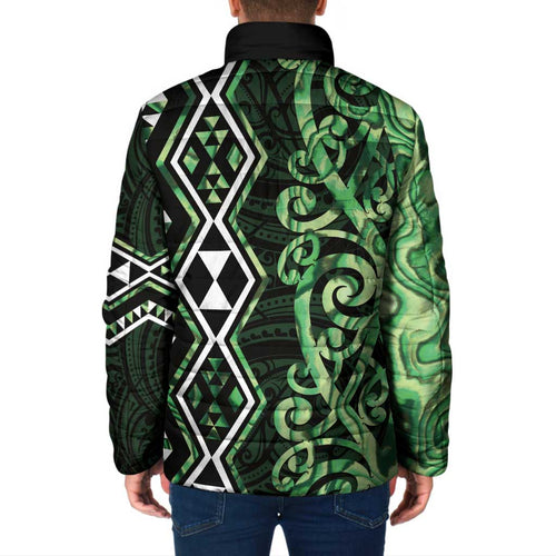 Green Aotearoa Padded Jacket Taniko Motifs With Paua Shell Kowhaiwhai - Aussie Hoodie