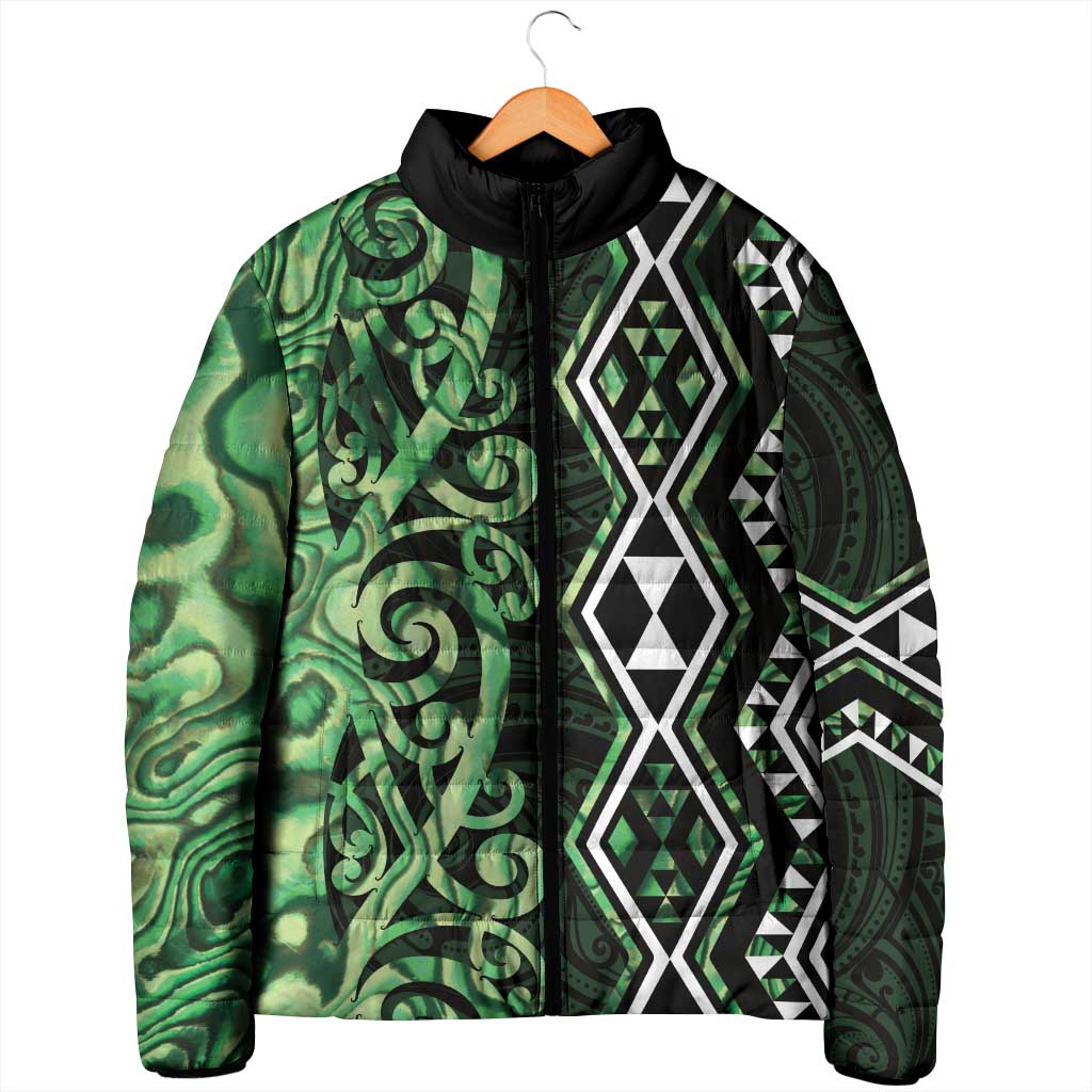 Green Aotearoa Padded Jacket Taniko Motifs With Paua Shell Kowhaiwhai - Aussie Hoodie