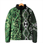 Green Aotearoa Padded Jacket Taniko Motifs With Paua Shell Kowhaiwhai - Aussie Hoodie