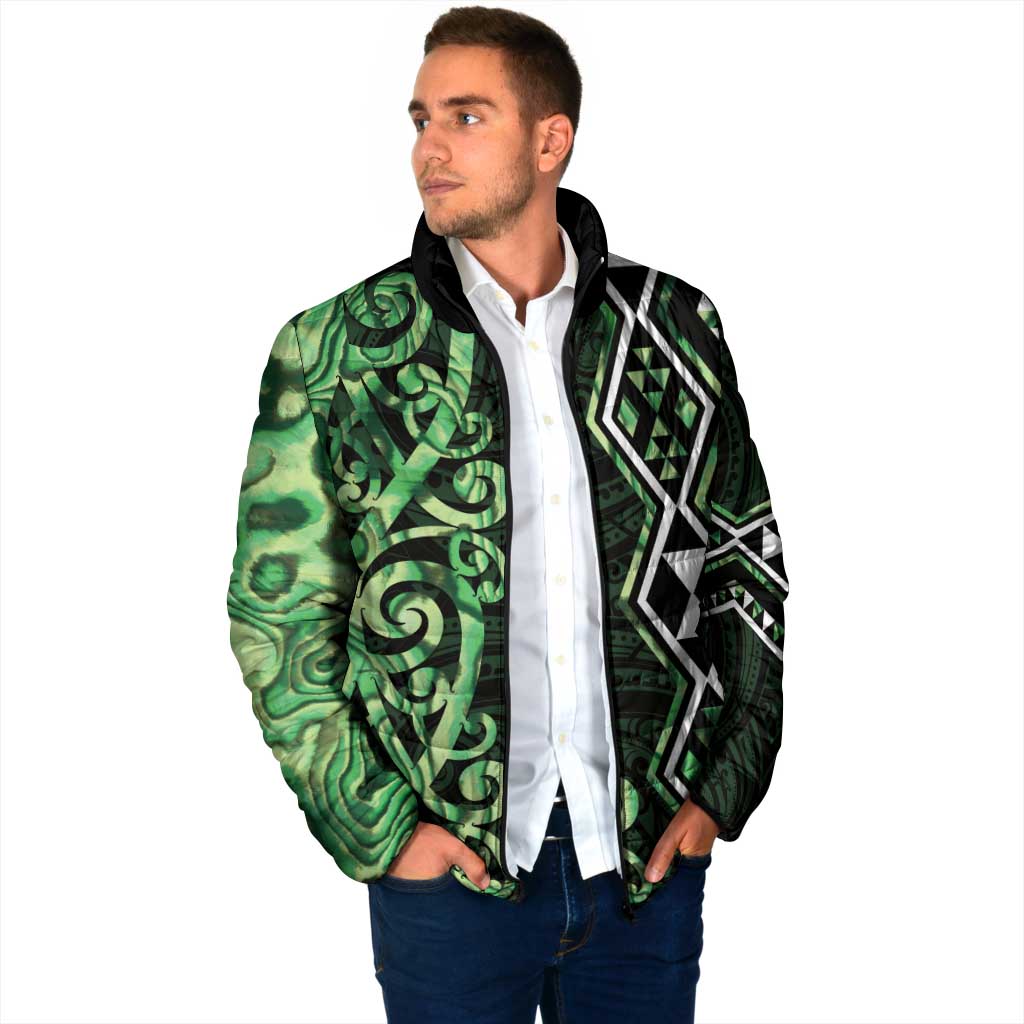 Green Aotearoa Padded Jacket Taniko Motifs With Paua Shell Kowhaiwhai - Aussie Hoodie