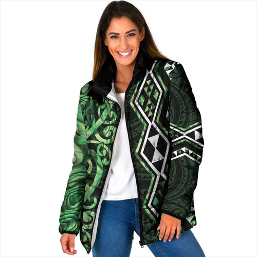 Green Aotearoa Padded Jacket Taniko Motifs With Paua Shell Kowhaiwhai - Aussie Hoodie