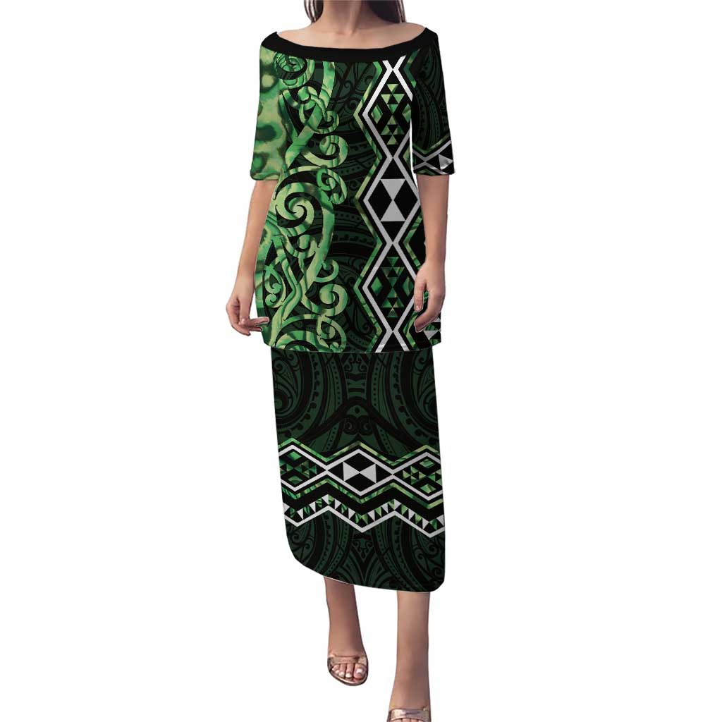 Green Aotearoa Puletasi Taniko Motifs With Paua Shell Kowhaiwhai