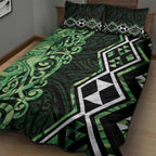 Green Aotearoa Quilt Bed Set Taniko Motifs With Paua Shell Kowhaiwhai