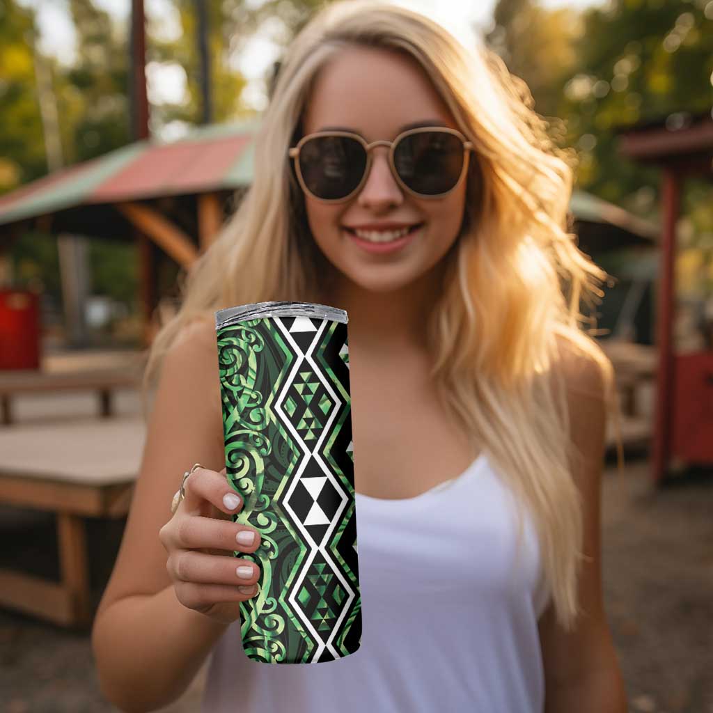 Green Aotearoa Skinny Tumbler Taniko Motifs With Paua Shell Kowhaiwhai