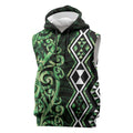 Green Aotearoa Sleeveless Hoodie Taniko Motifs With Paua Shell Kowhaiwhai - Aussie Hoodie