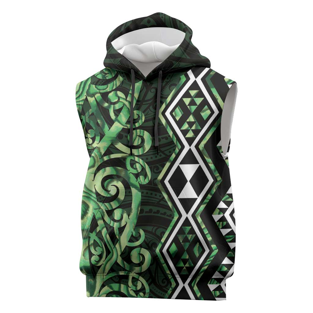 Green Aotearoa Sleeveless Hoodie Taniko Motifs With Paua Shell Kowhaiwhai - Aussie Hoodie