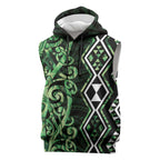 Green Aotearoa Sleeveless Hoodie Taniko Motifs With Paua Shell Kowhaiwhai - Aussie Hoodie